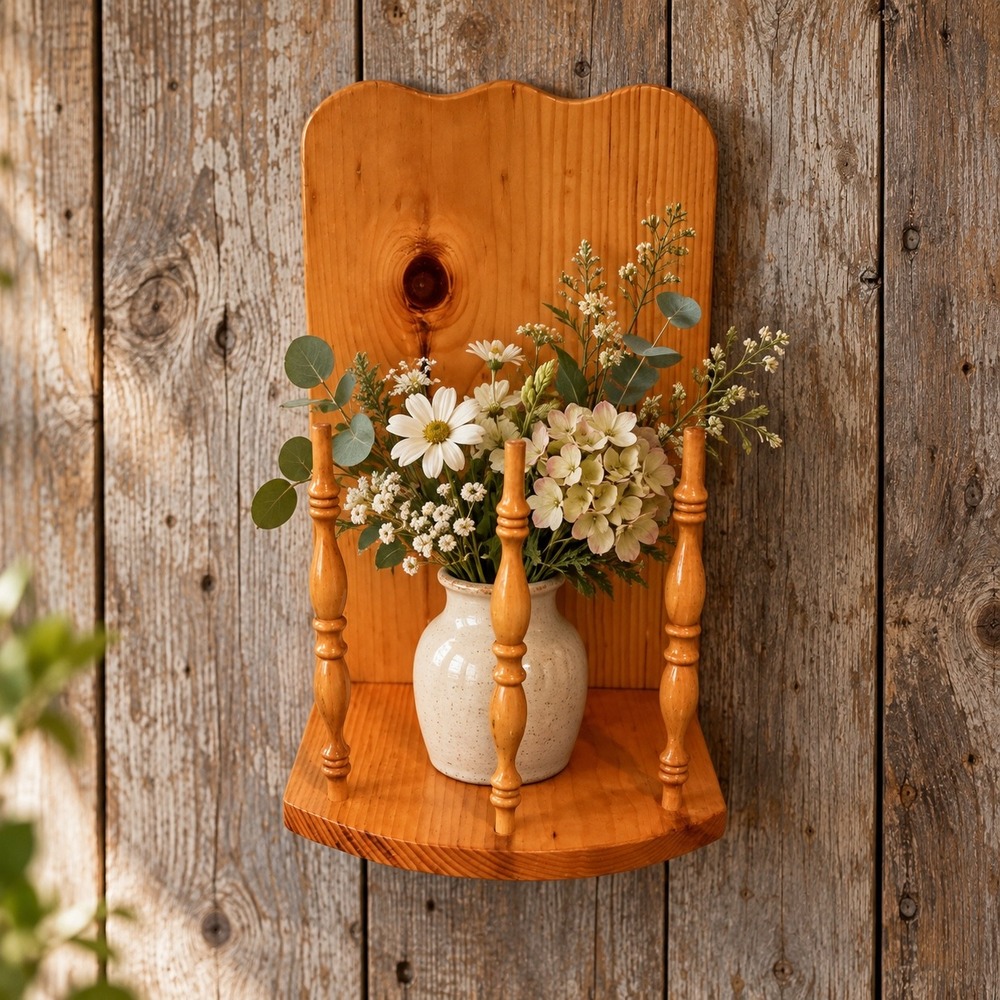 Vintage Pine Wood Wall Shelf Scalloped Spindle Railing Farmhouse Decor 13.5x9x9